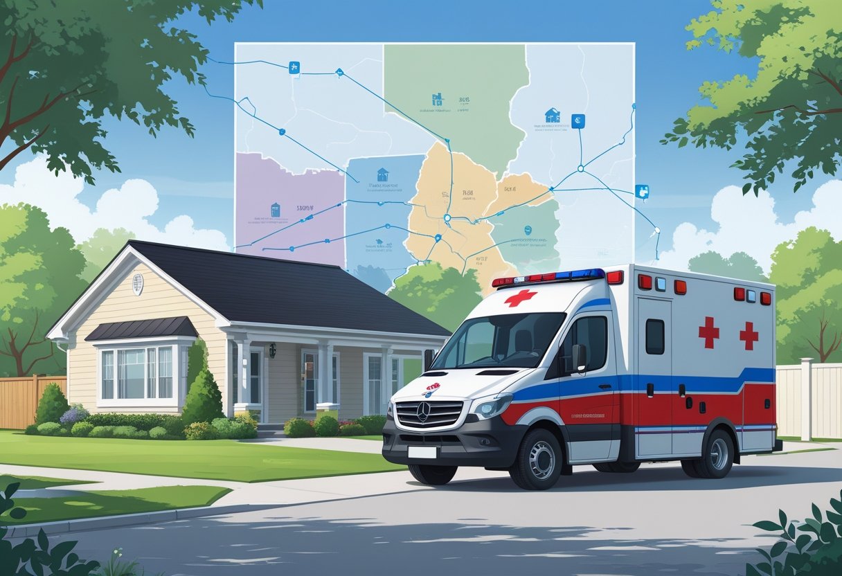 Ambulância estacionada em frente a uma casa residencial com um mapa ao fundo mostrando regiões atendidas.