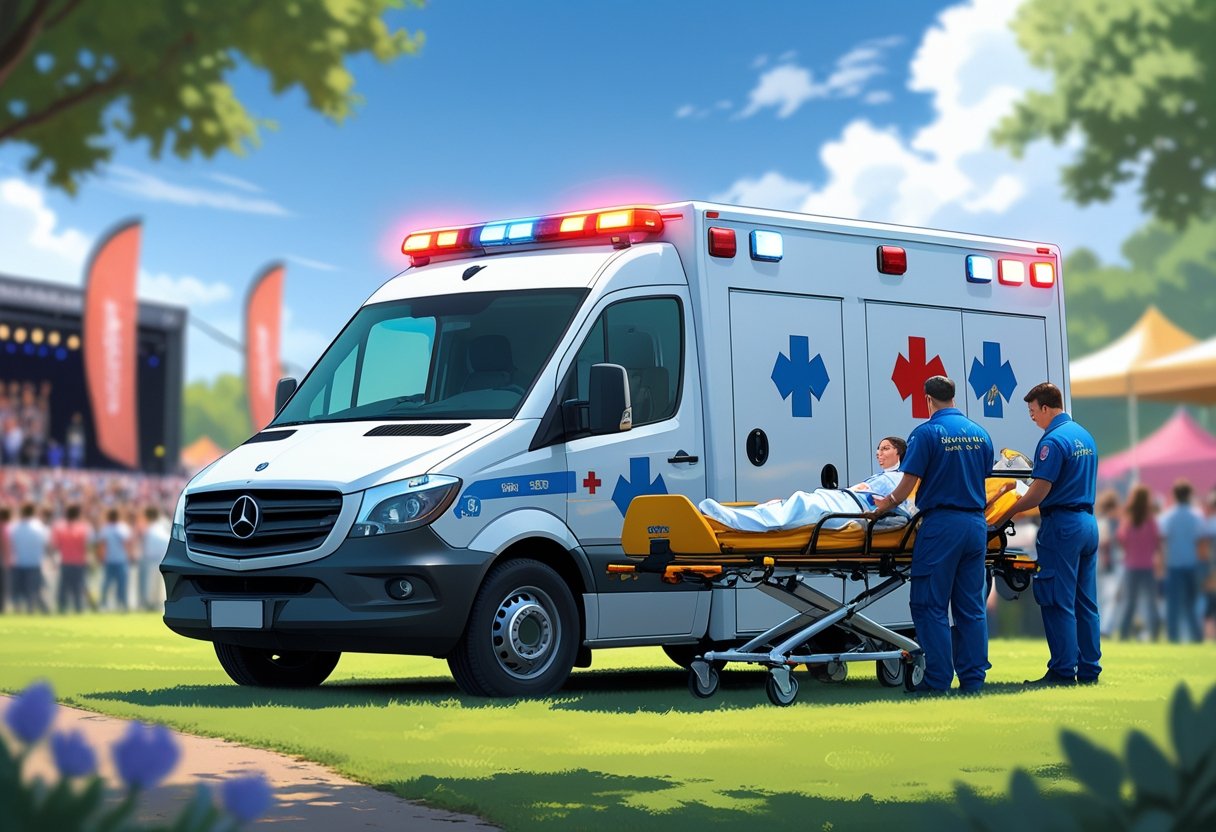 Uma ambulância branca estacionada perto de um evento ao ar livre com paramédicos atendendo uma pessoa em uma maca, com uma multidão e tendas ao fundo.