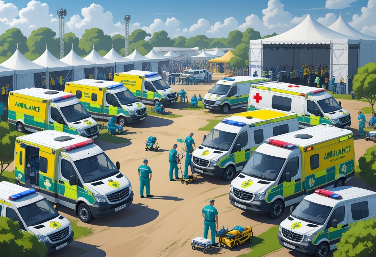 Vários tipos de ambulâncias estacionadas em um evento ao ar livre, com paramédicos atendendo pessoas e equipamentos médicos ao redor.