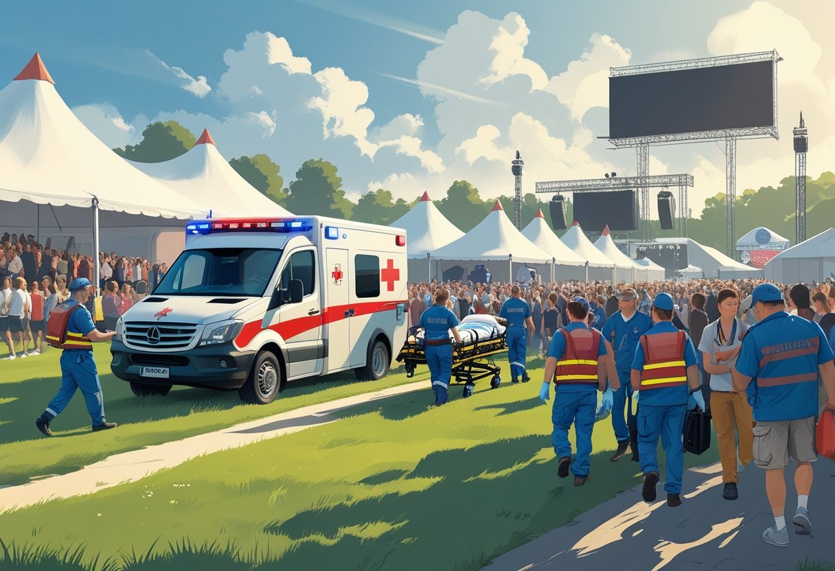 Equipe médica de ambulância atendendo pessoas em um evento ao ar livre com uma ambulância estacionada próxima.