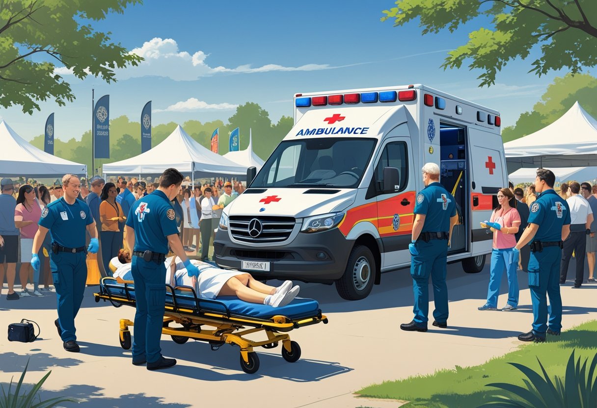 Equipe de profissionais de saúde com ambulância atendendo pessoas em um evento ao ar livre.