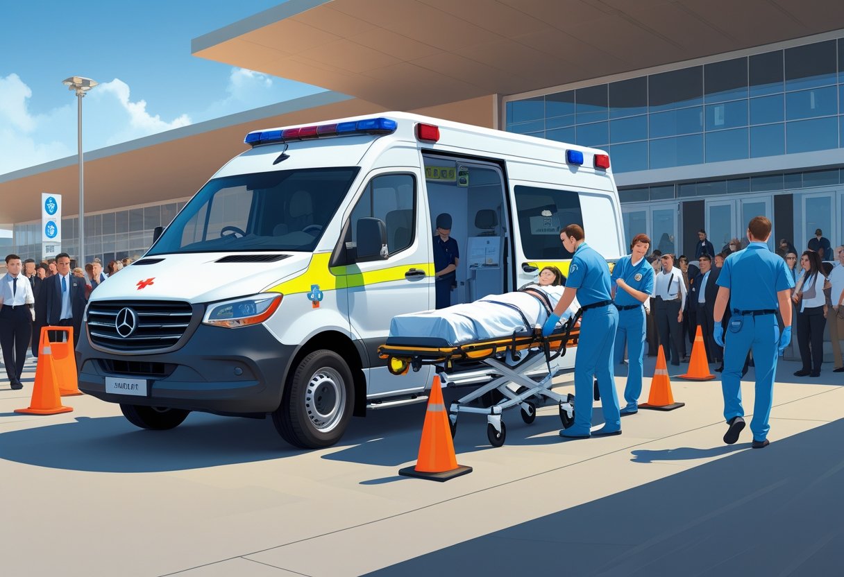 Ambulância estacionada em evento com profissionais de saúde ajudando paciente em maca a entrar no veículo.