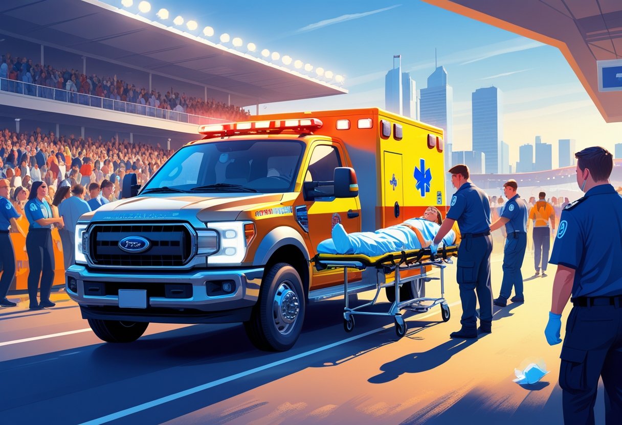 Cena de emergência com uma ambulância e paramédicos atendendo um paciente em um evento público.
