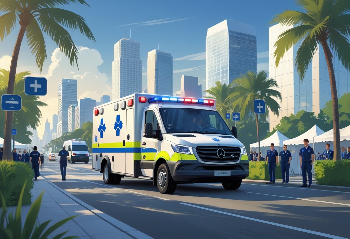 Ambulância particular moderna em uma área urbana movimentada de São Paulo, com pessoas próximas vestindo uniformes de evento.