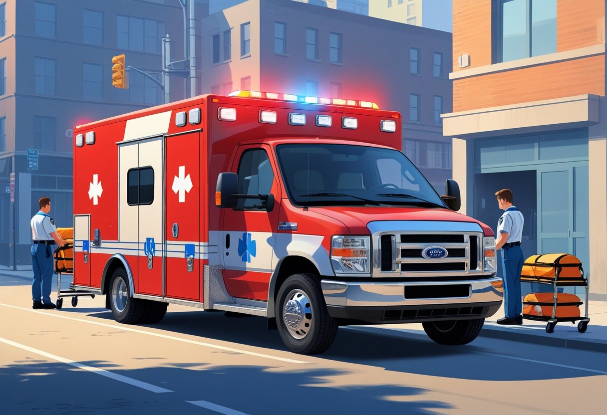 Uma ambulância de emergência médica estacionada em uma rua da cidade com paramédicos ao redor, preparando equipamentos médicos.