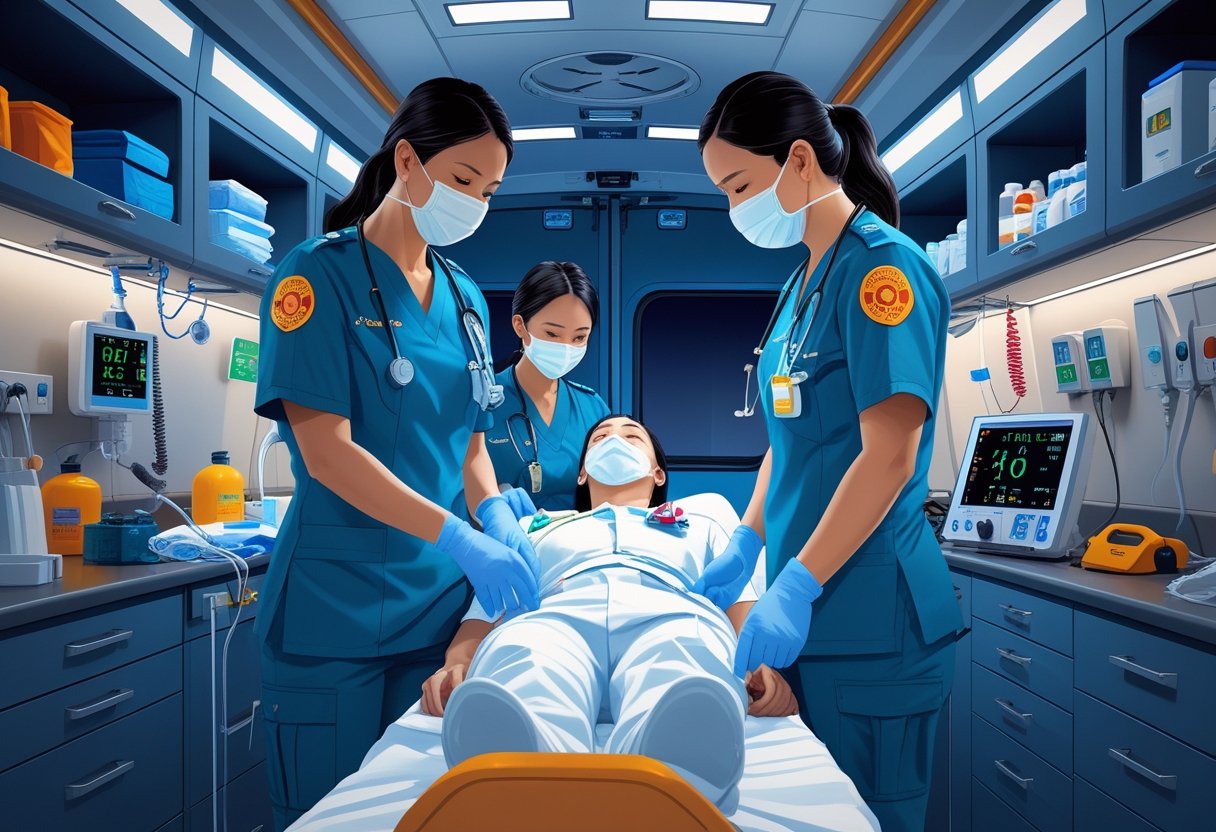 Equipe médica profissional atendendo paciente dentro de uma ambulância equipada para emergências.