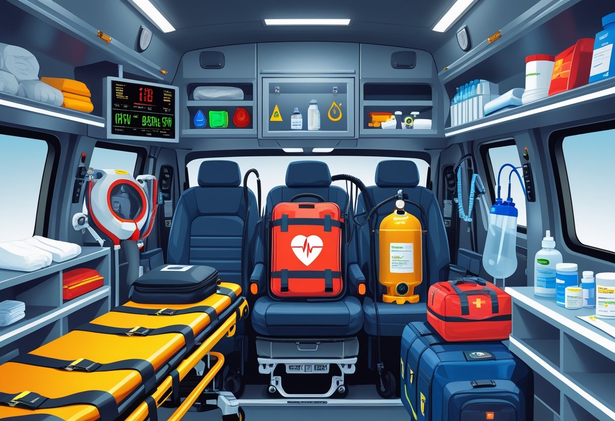 Equipamentos essenciais organizados dentro de uma ambulância de emergência, incluindo maca, desfibrilador, cilindro de oxigênio, bolsa médica e monitor cardíaco.