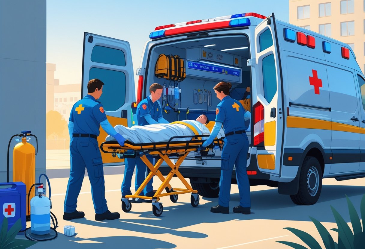Paramédicos transferindo um paciente em uma maca para uma ambulância em uma situação de emergência médica.