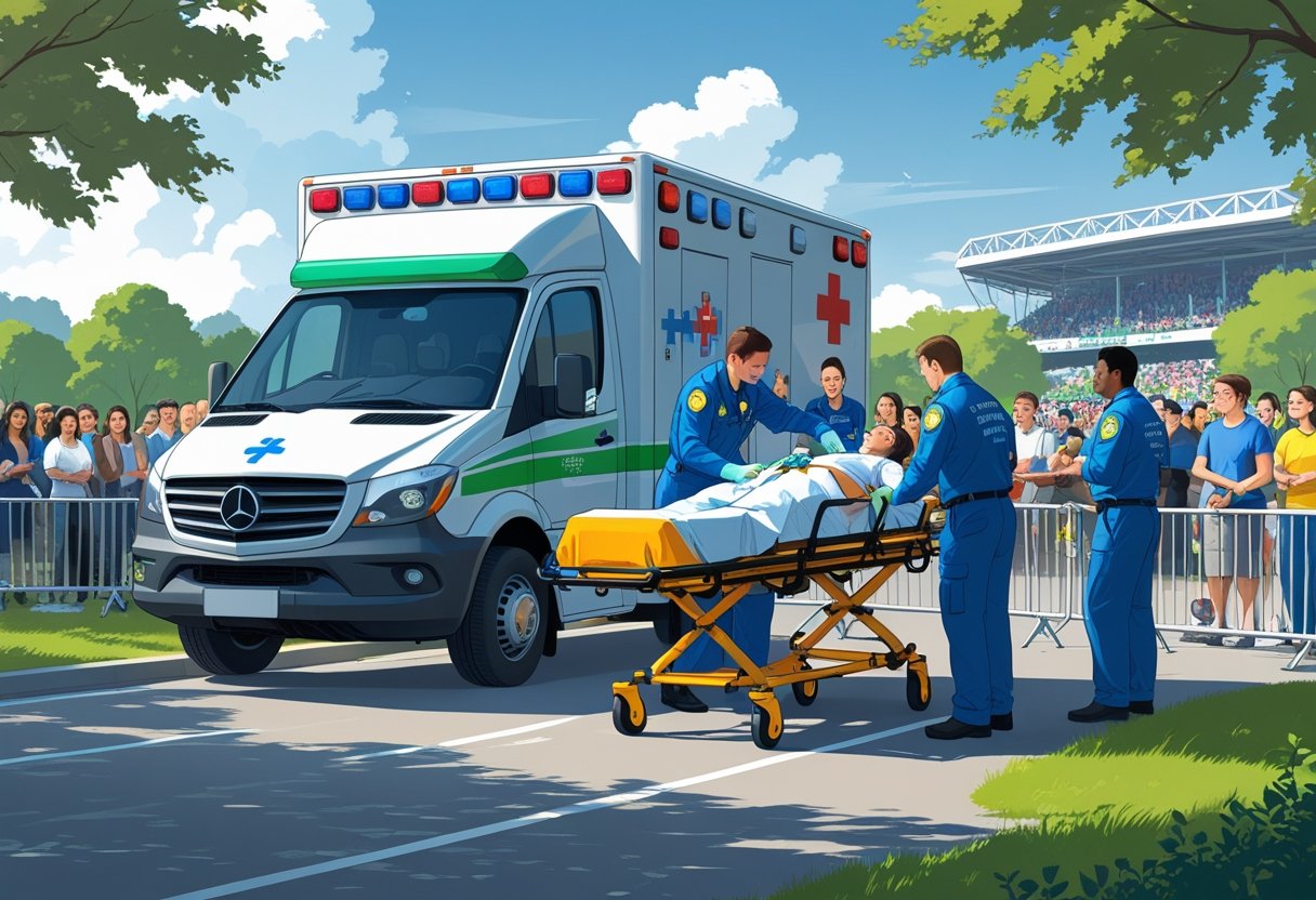 Cena de uma ambulância em um evento público com paramédicos atendendo uma pessoa em uma maca, cercados por uma multidão e barreiras de segurança.