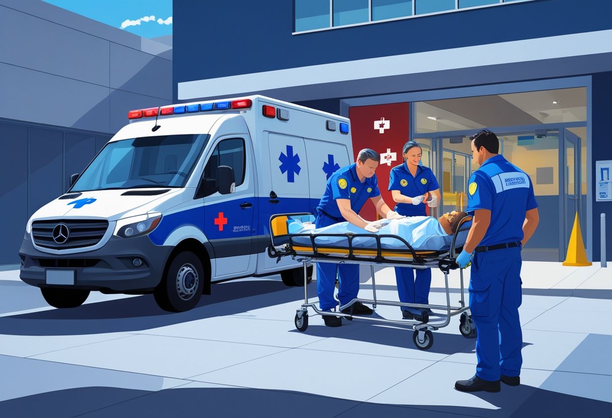 Paramédicos atendendo um paciente em uma ambulância estacionada em frente a um hospital, transmitindo cuidado e profissionalismo.