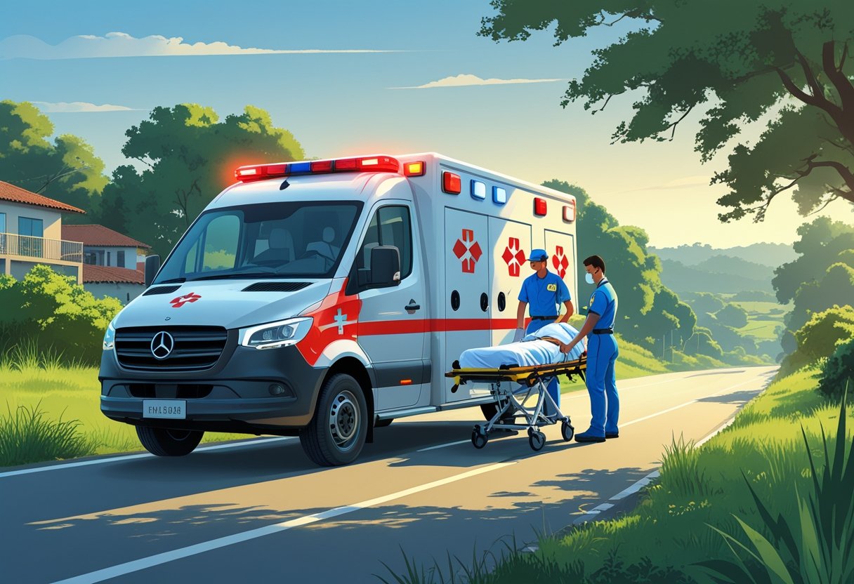 Ambulância estacionada em uma estrada com paramédicos atendendo um paciente em uma área com árvores e casas ao fundo.