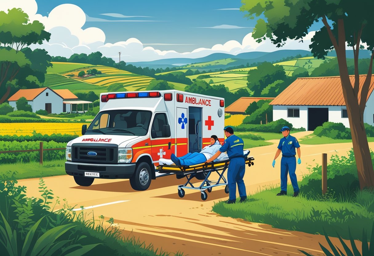 Ambulância em uma estrada rural de Fazenda Rio Grande com paramédicos atendendo uma pessoa em uma maca, cercados por plantações e casas de fazenda.