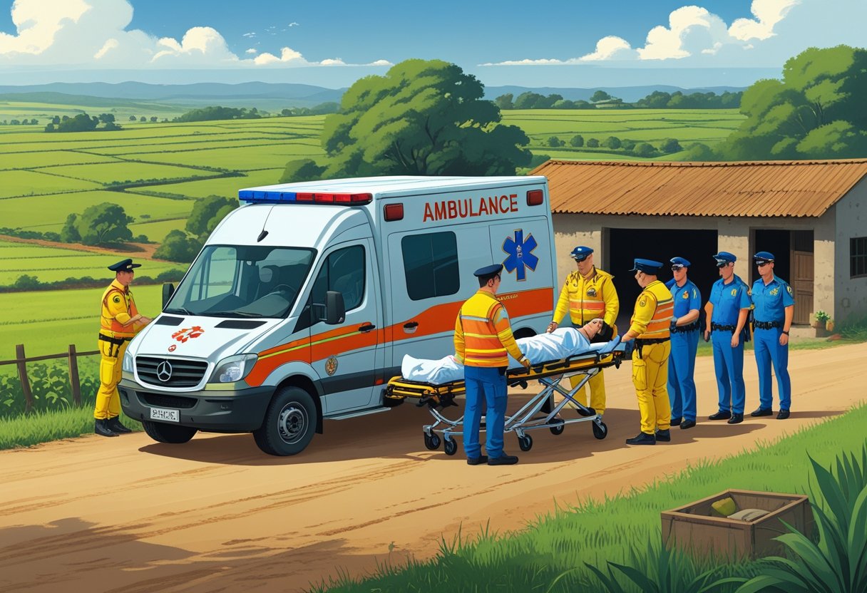 Equipe de emergência e autoridades colaborando ao lado de uma ambulância em uma área rural de Fazenda Rio Grande.