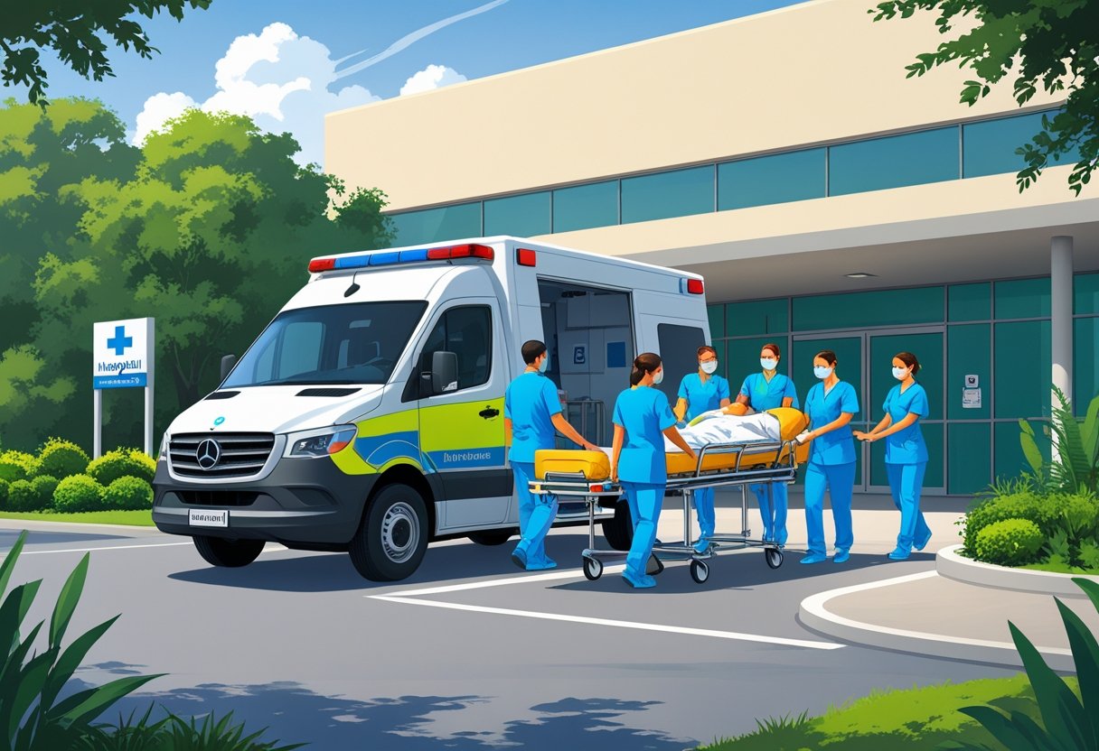 Ambulância estacionada na entrada de um hospital em Fazenda Rio Grande com profissionais de saúde ajudando um paciente em uma maca a entrar no hospital.