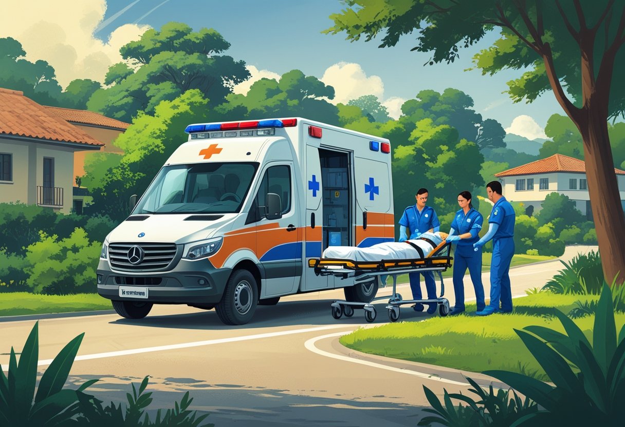 Uma ambulância estacionada em uma rua de Fazenda Rio Grande, com profissionais de saúde atendendo um paciente em uma maca, cercados por árvores e casas da região.