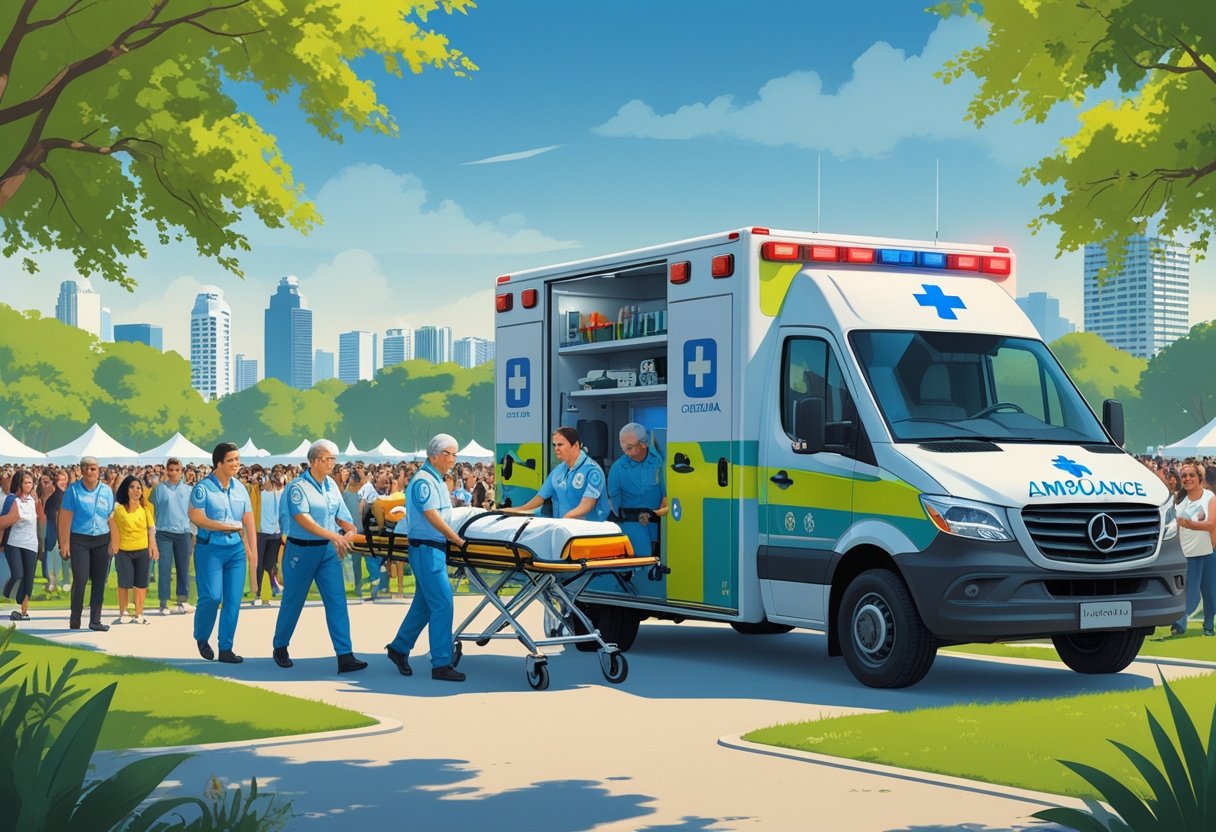 Ambulância para eventos Curitiba: Serviços Essenciais e Como Contratar 1 Ambulância estacionada em evento ao ar livre em Curitiba, com equipe médica atendendo uma pessoa em maca, cercada por público diverso e paisagem urbana ao fundo.