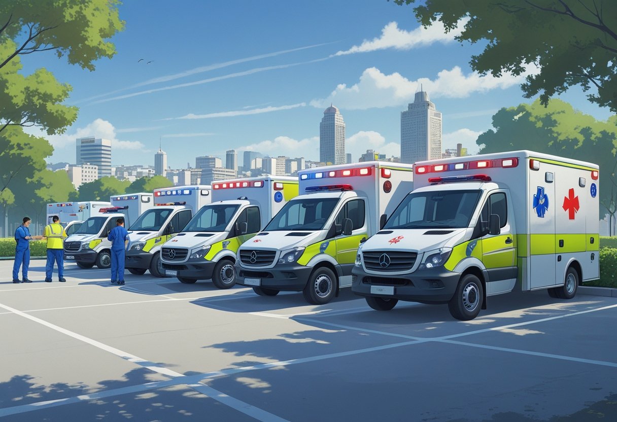 Ambulância para eventos Curitiba: Serviços Essenciais e Como Contratar 2 Vários tipos de ambulâncias alinhadas em um local aberto com profissionais de saúde próximos, com a cidade de Curitiba ao fundo.