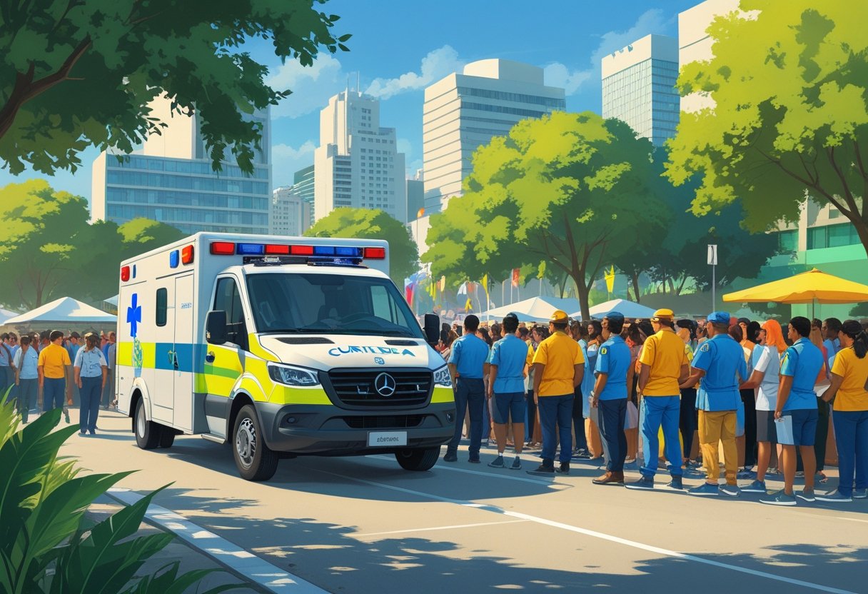 Ambulância para eventos Curitiba: Serviços Essenciais e Como Contratar 3 Uma ambulância estacionada em um evento ao ar livre em Curitiba, com profissionais de saúde atentos e pessoas reunidas em um ambiente urbano.