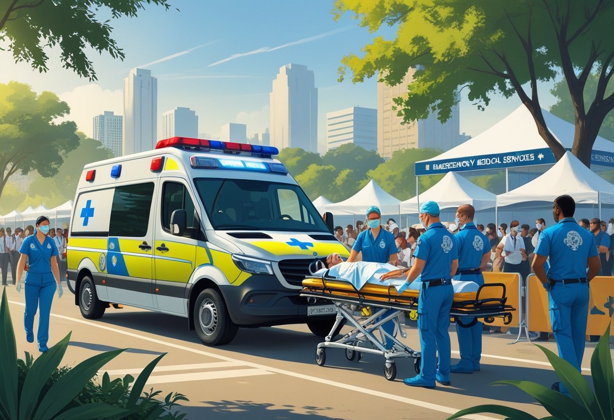 Ambulância para eventos Curitiba: Serviços Essenciais e Como Contratar 4 Equipe médica atendendo paciente ao lado de ambulância em evento ao ar livre na cidade de Curitiba.