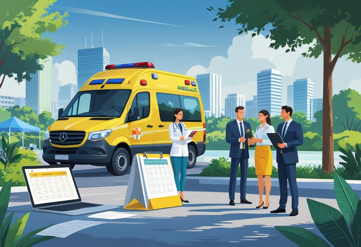 Ambulância para eventos Curitiba: Serviços Essenciais e Como Contratar 5 Profissionais discutindo a contratação e locação de uma ambulância para um evento em Curitiba, com uma ambulância estacionada próxima e a cidade ao fundo.