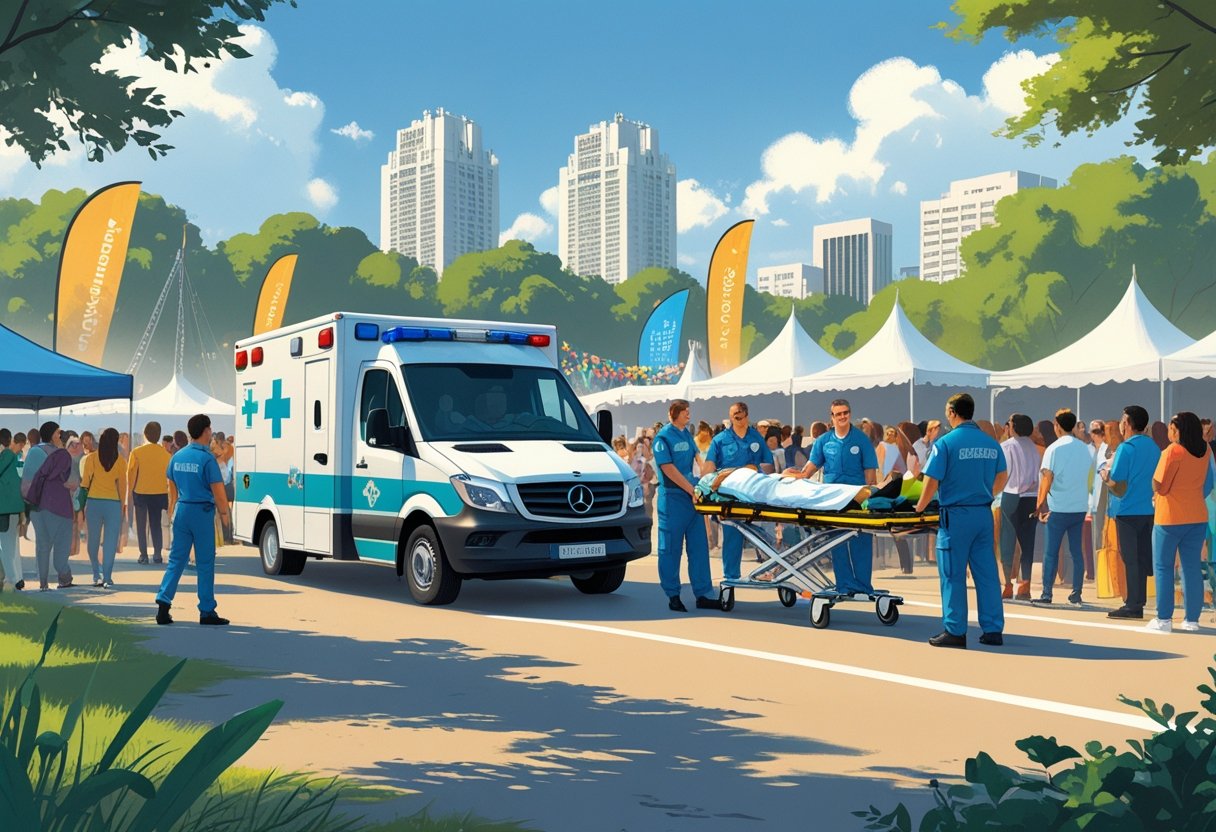 Ambulância para eventos Curitiba: Serviços Essenciais e Como Contratar 7 Ambulância estacionada em evento ao ar livre em Curitiba, com paramédicos atendendo uma pessoa em maca perto de uma multidão.