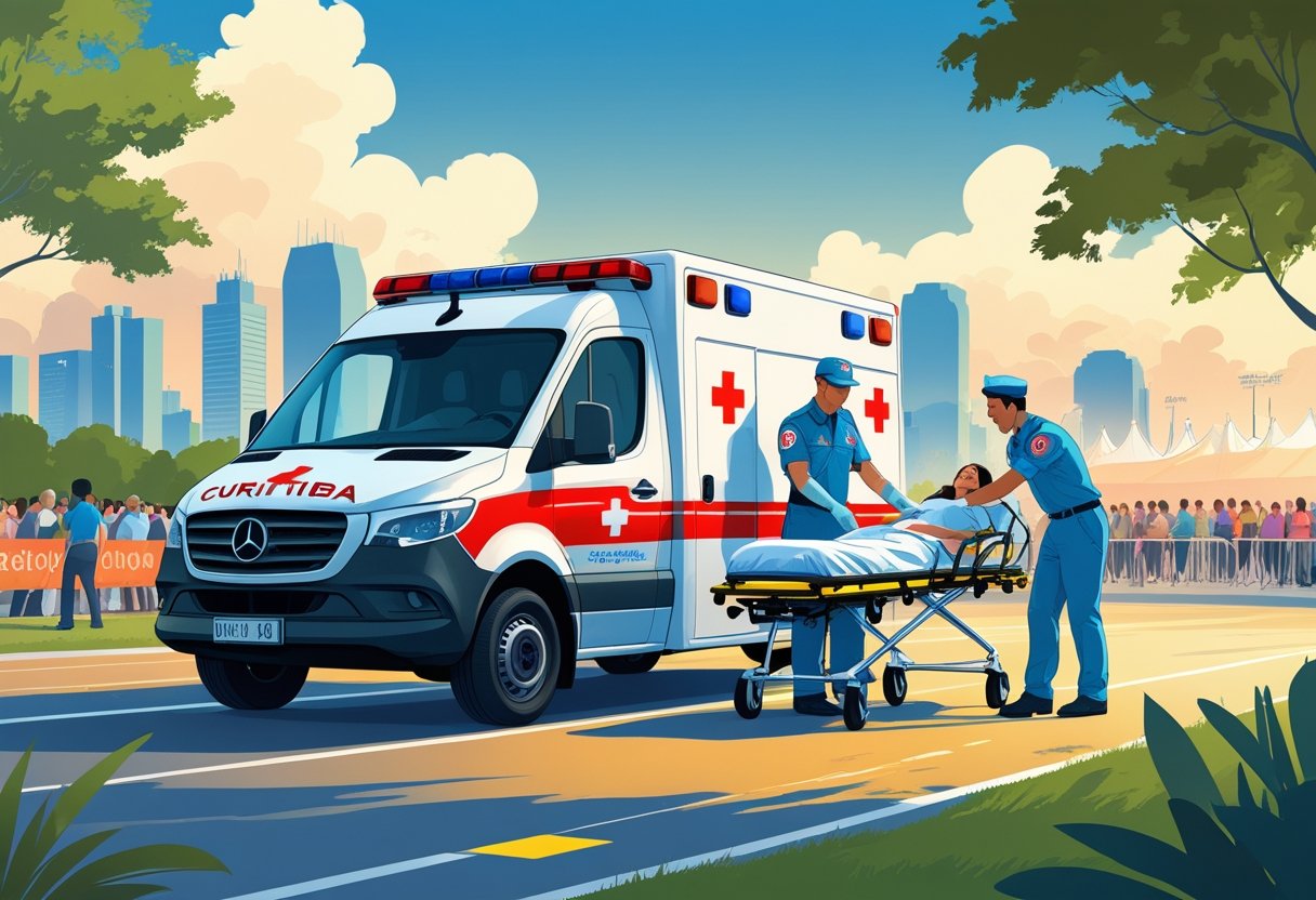 Ambulância para eventos Curitiba: Serviços Essenciais e Como Contratar 8 Uma ambulância moderna com paramédicos atendendo um paciente em um evento público em Curitiba, com a cidade ao fundo.