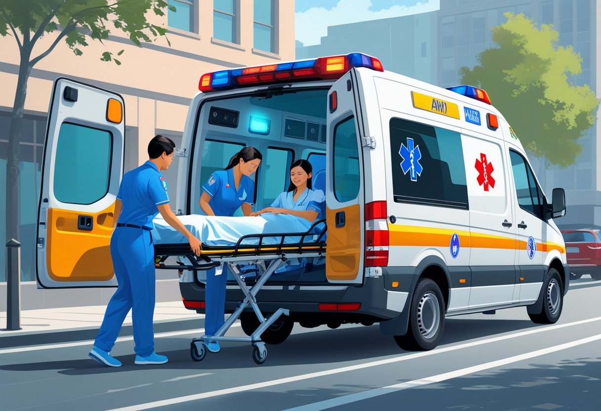 Uma ambulância de remoção de paciente com profissionais de saúde ajudando um paciente em uma maca para entrar no veículo.