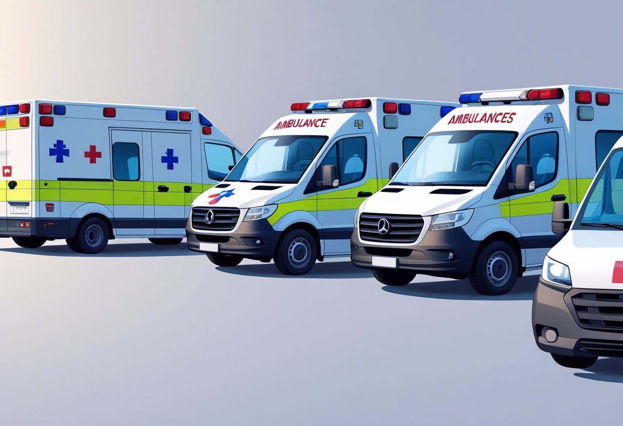 Vários tipos de ambulâncias para remoção de pacientes alinhadas lado a lado, mostrando diferentes modelos e equipamentos.