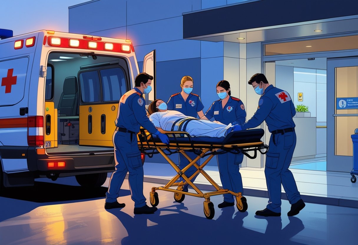 Paramédicos retirando um paciente em uma maca de uma ambulância em frente à entrada de um hospital.