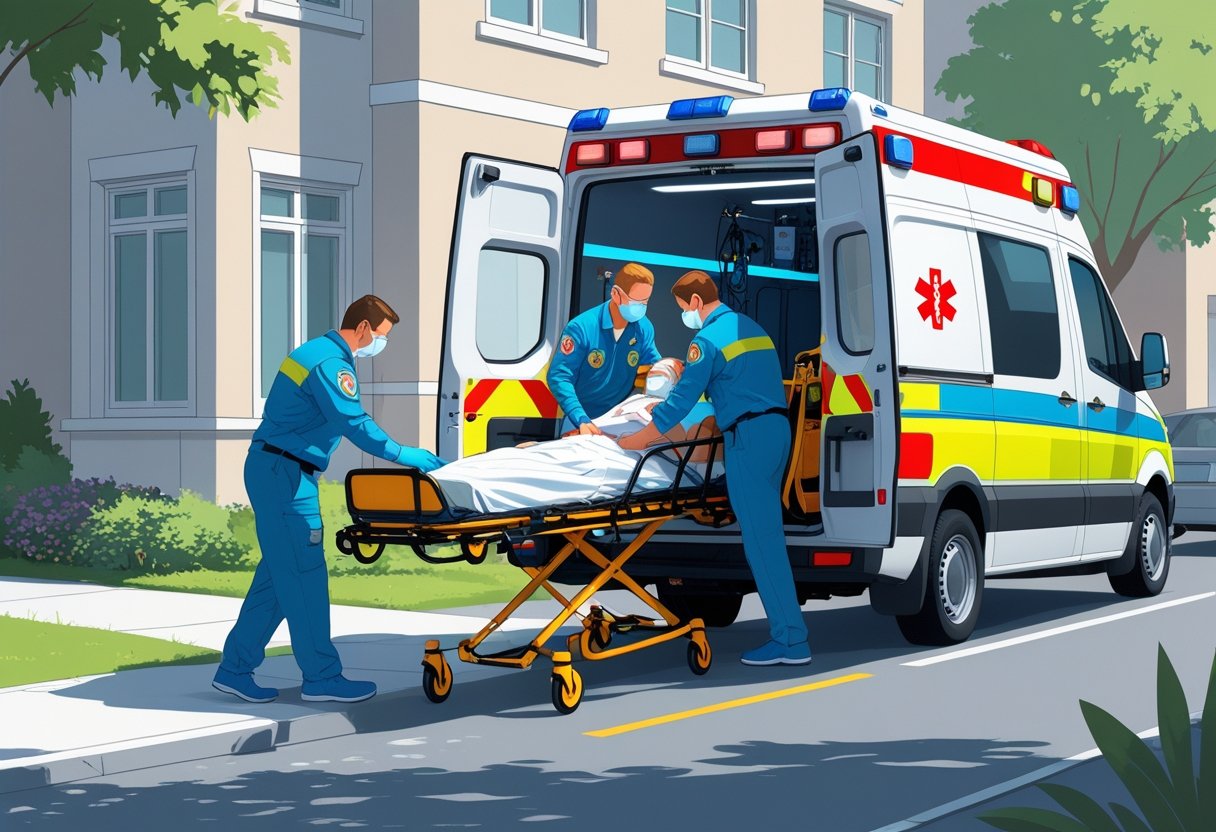 Ambulância estacionada com paramédicos ajudando paciente em maca a entrar no veículo, usando equipamentos médicos especiais.