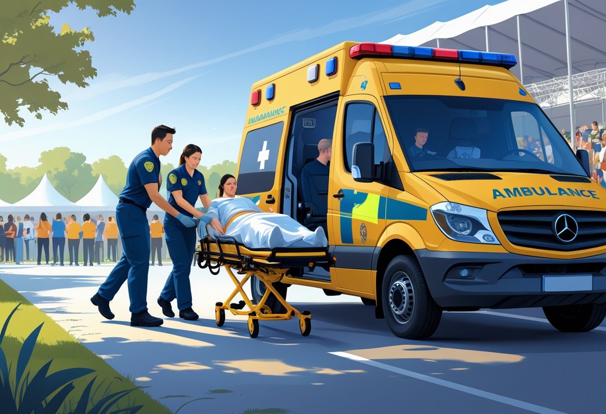 Ambulância estacionada em evento ao ar livre com paramédicos ajudando um paciente em uma maca para dentro do veículo.