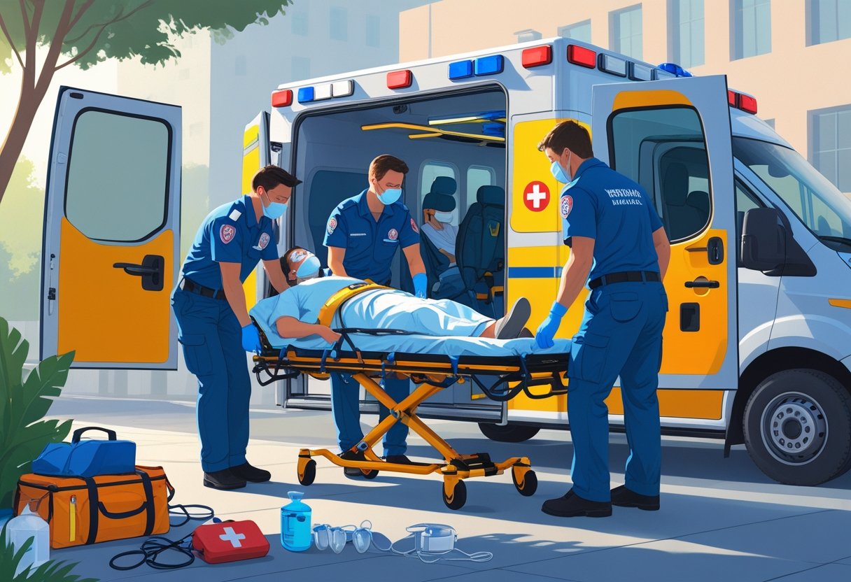 Paramédicos removendo paciente em maca para dentro de uma ambulância durante atendimento pré-hospitalar.