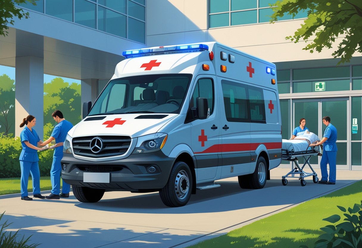 Uma ambulância moderna para transporte de pacientes estacionada na entrada de um hospital, com paramédicos preparando uma maca para atender um paciente.