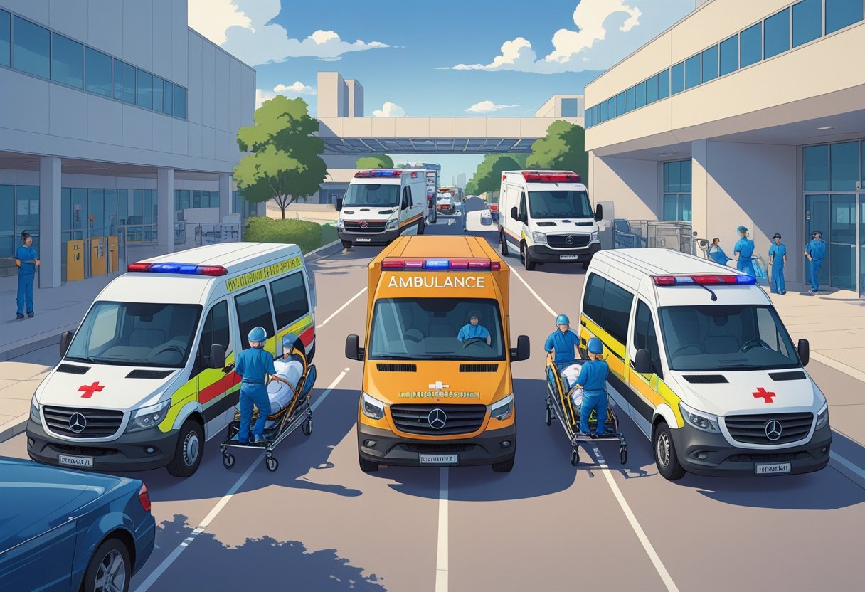 Vários tipos de ambulâncias transportando pacientes com paramédicos ajudando em um ambiente urbano próximo a um hospital.
