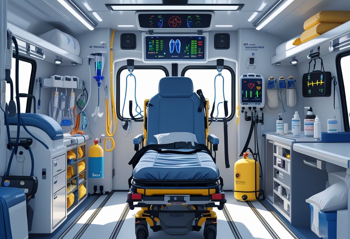 Interior de uma ambulância de transporte de pacientes mostrando equipamentos médicos como maca, tanque de oxigênio, desfibrilador, kit de primeiros socorros e monitor cardíaco.