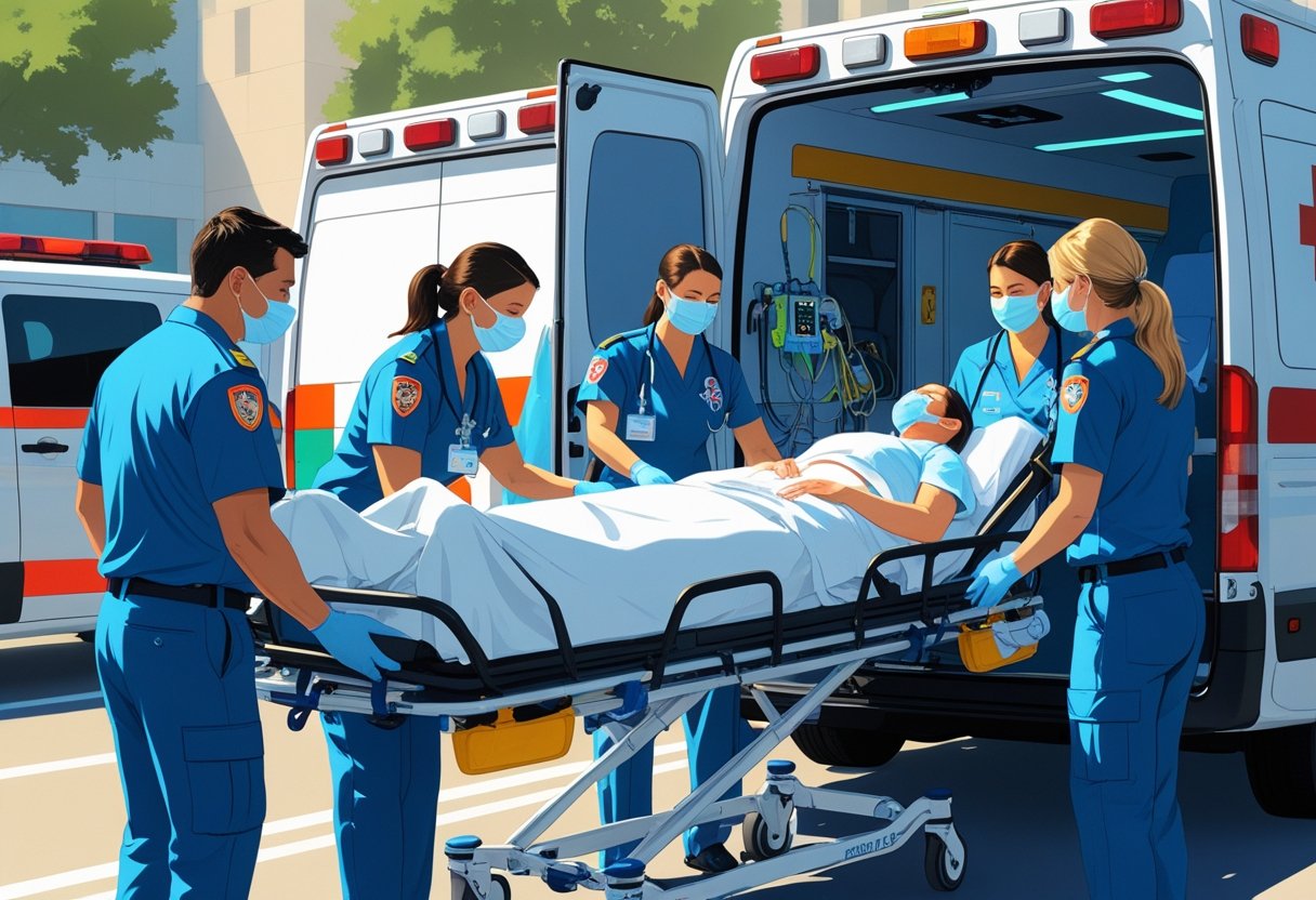 Equipe de profissionais de saúde transportando um paciente em uma ambulância, com paramédicos ajudando a colocar o paciente em uma maca dentro do veículo.