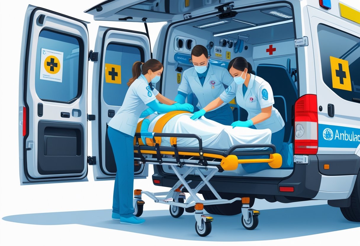 Equipe médica auxiliando paciente em maca dentro de ambulância com equipamentos médicos e ambiente organizado.