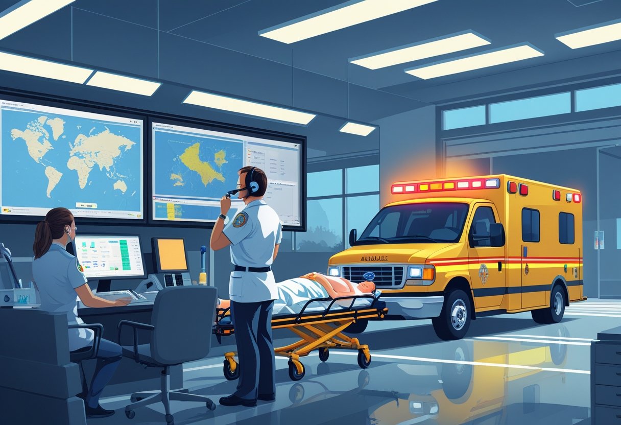 Central de atendimento com despachante solicitando ambulância, ambulância estacionada com luzes acesas e equipe médica preparando paciente para transporte.