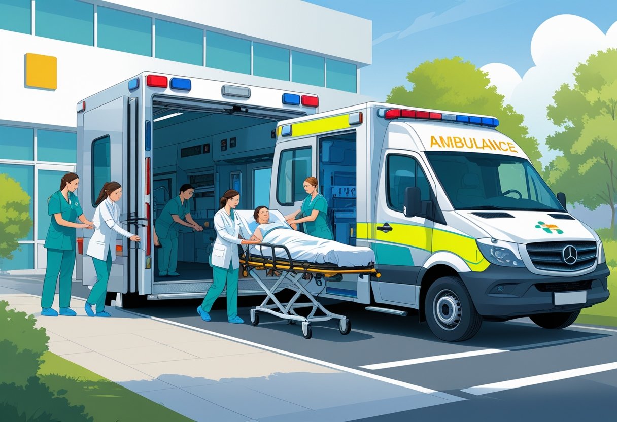 Ambulância estacionada na entrada de um hospital com profissionais de saúde auxiliando um paciente em uma maca para dentro do veículo.