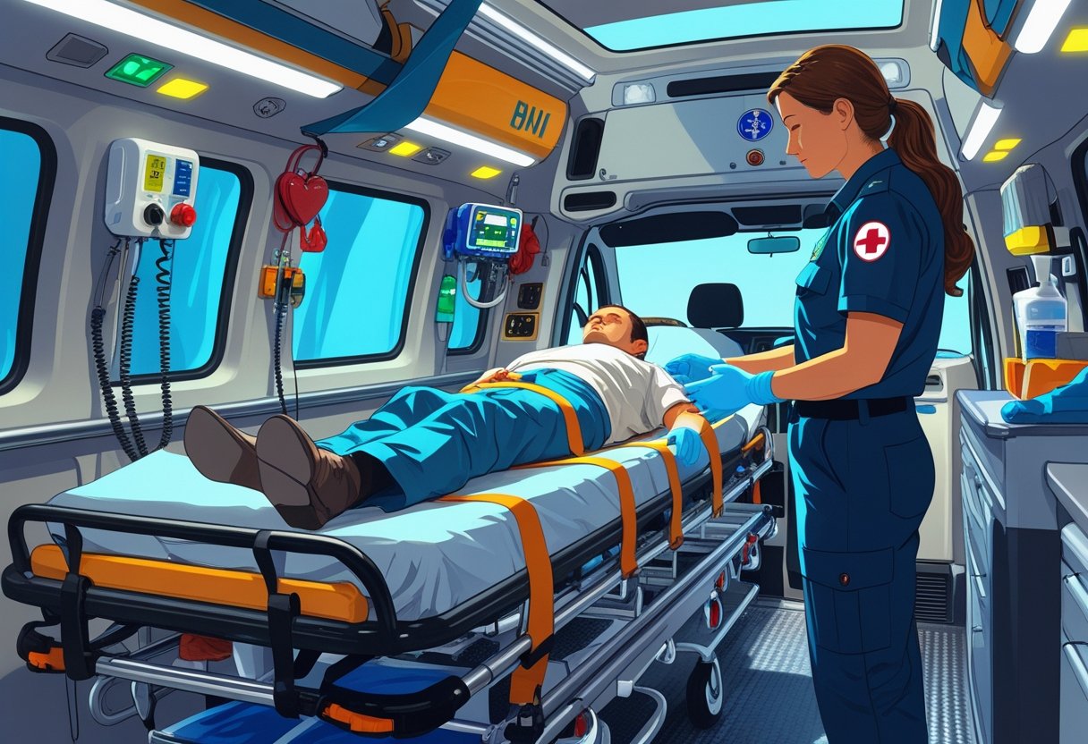 Paramédico cuidando de paciente em maca dentro de uma ambulância equipada para transporte seguro.