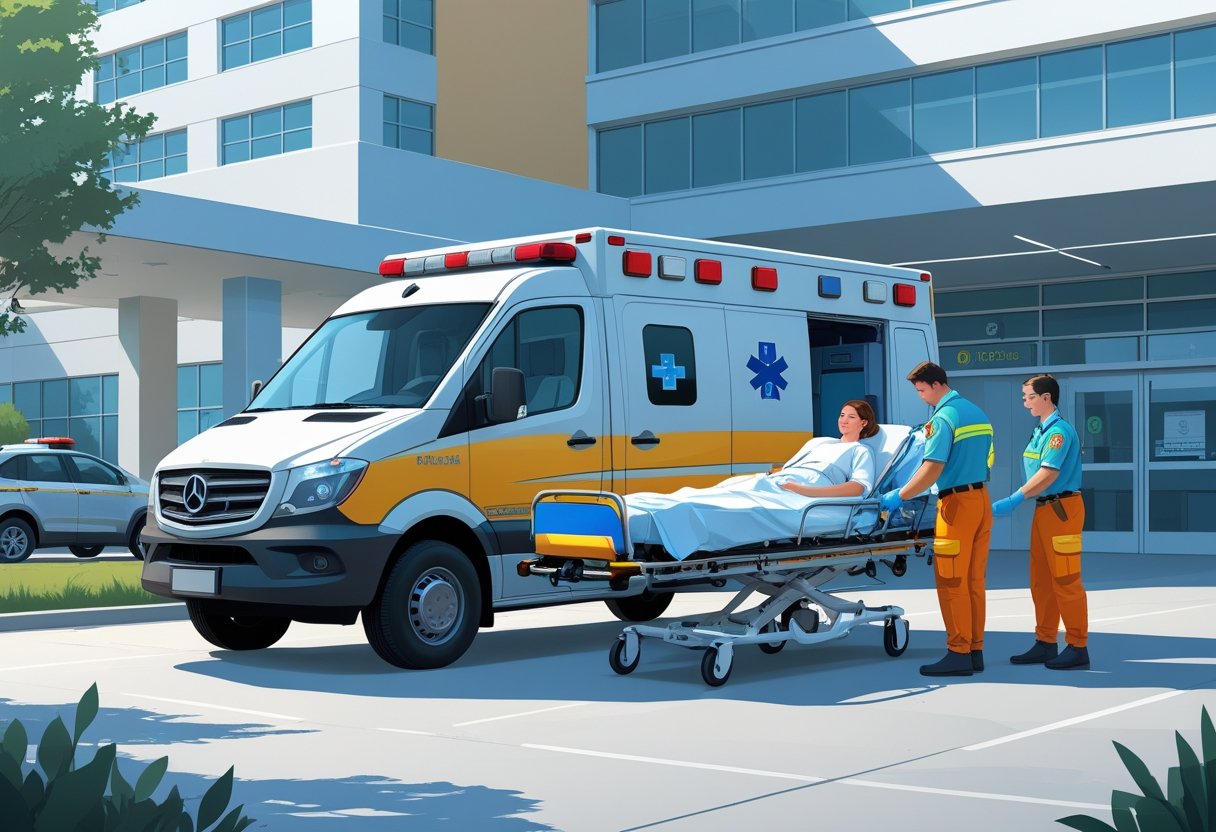 Ambulância estacionada em frente a um hospital com paramédicos ajudando um paciente em uma maca.