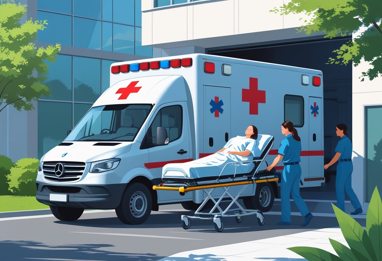 Ambulância particular estacionada com paramédicos carregando um paciente em uma maca para dentro do veículo, em frente a um hospital ou residência.