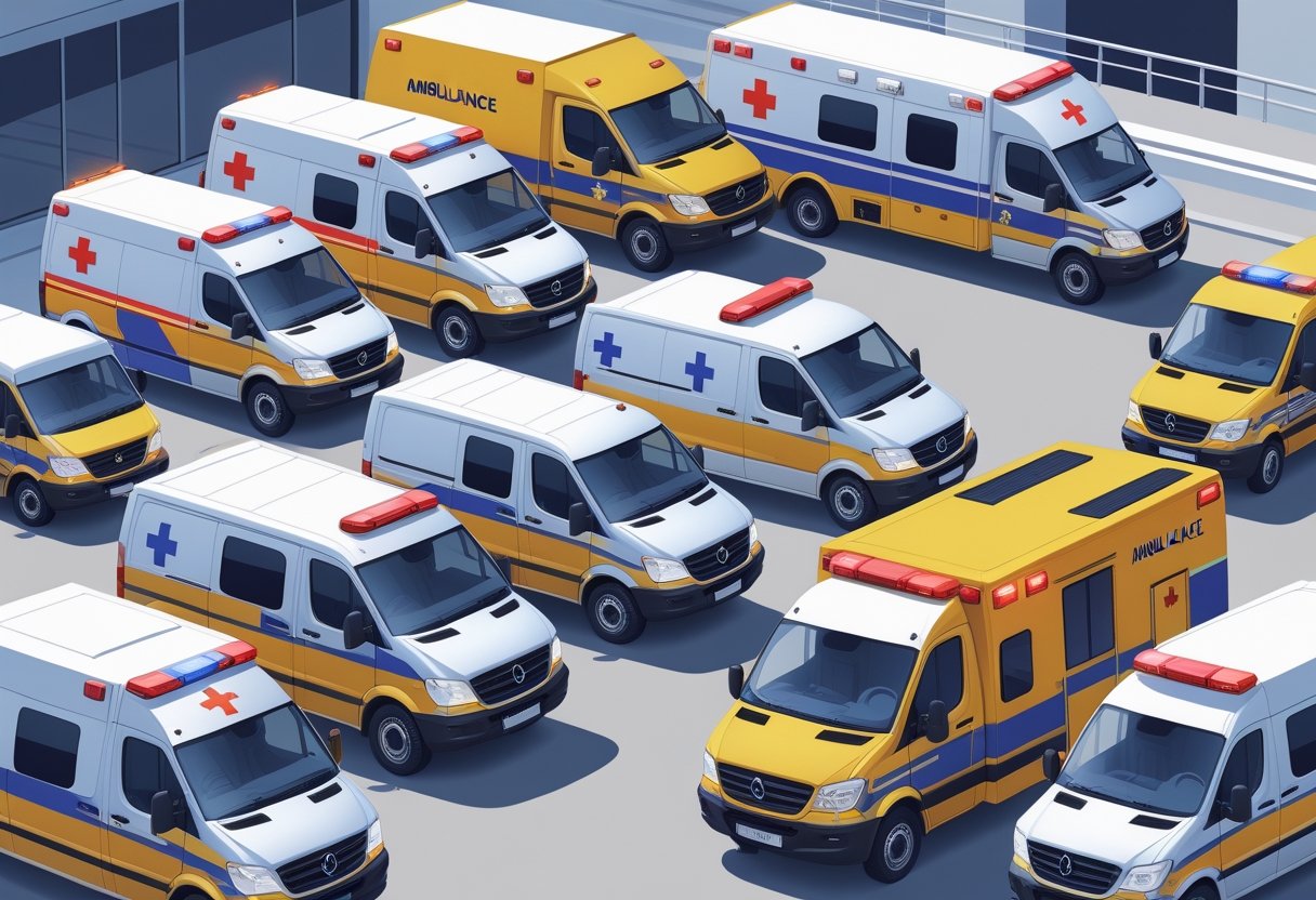Vários tipos de ambulâncias particulares para remoção, alinhadas em um ambiente urbano próximo a um hospital.