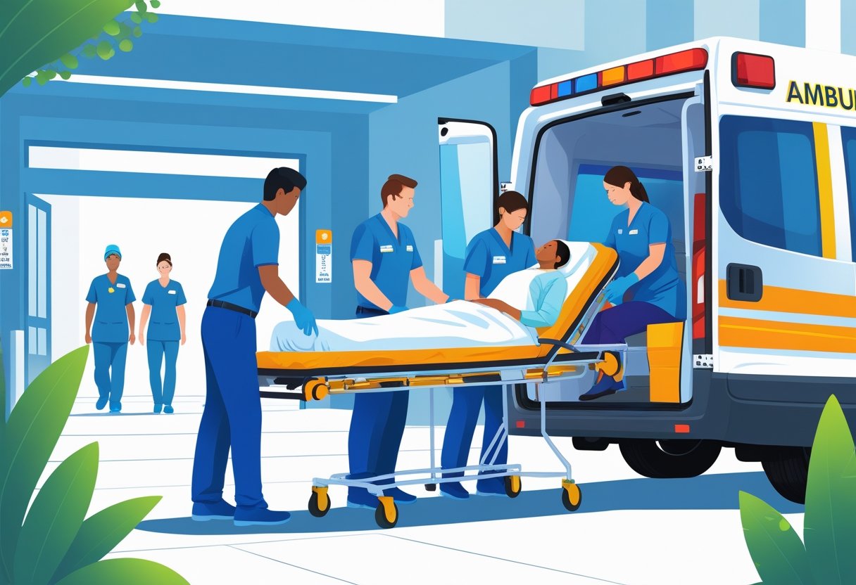 Equipe médica transferindo paciente em maca para uma ambulância particular na entrada de um hospital.