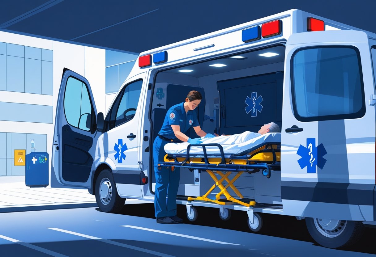 Uma ambulância particular moderna com um paramédico ajudando um paciente em uma maca, em um ambiente urbano calmo próximo a um hospital.