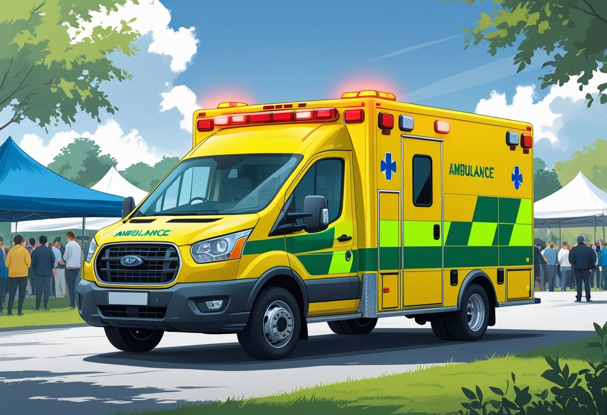 Ambulância particular estacionada em um evento ao ar livre com pessoas e tendas ao fundo, pronta para remoção médica.