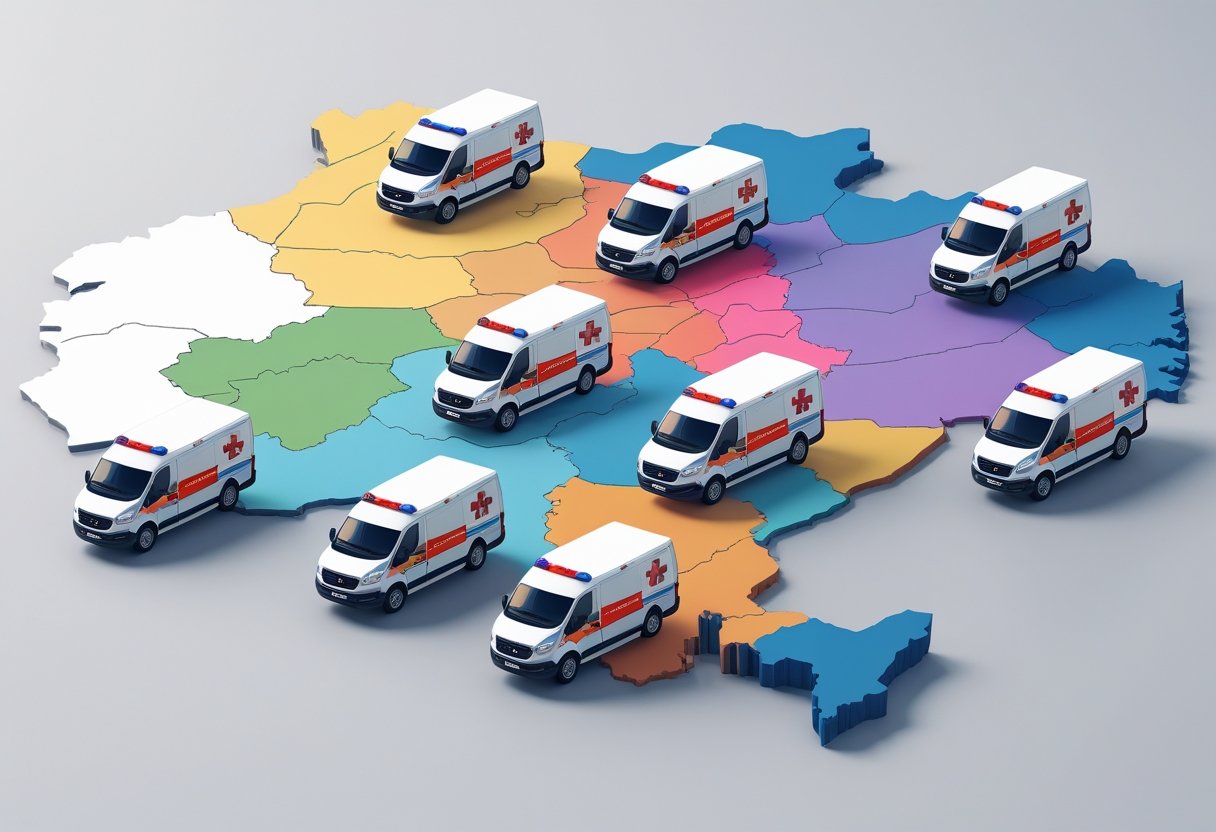 Mapa regional mostrando a disponibilidade de ambulâncias particulares para remoção em diferentes áreas, com ícones de ambulâncias posicionados nas regiões correspondentes.