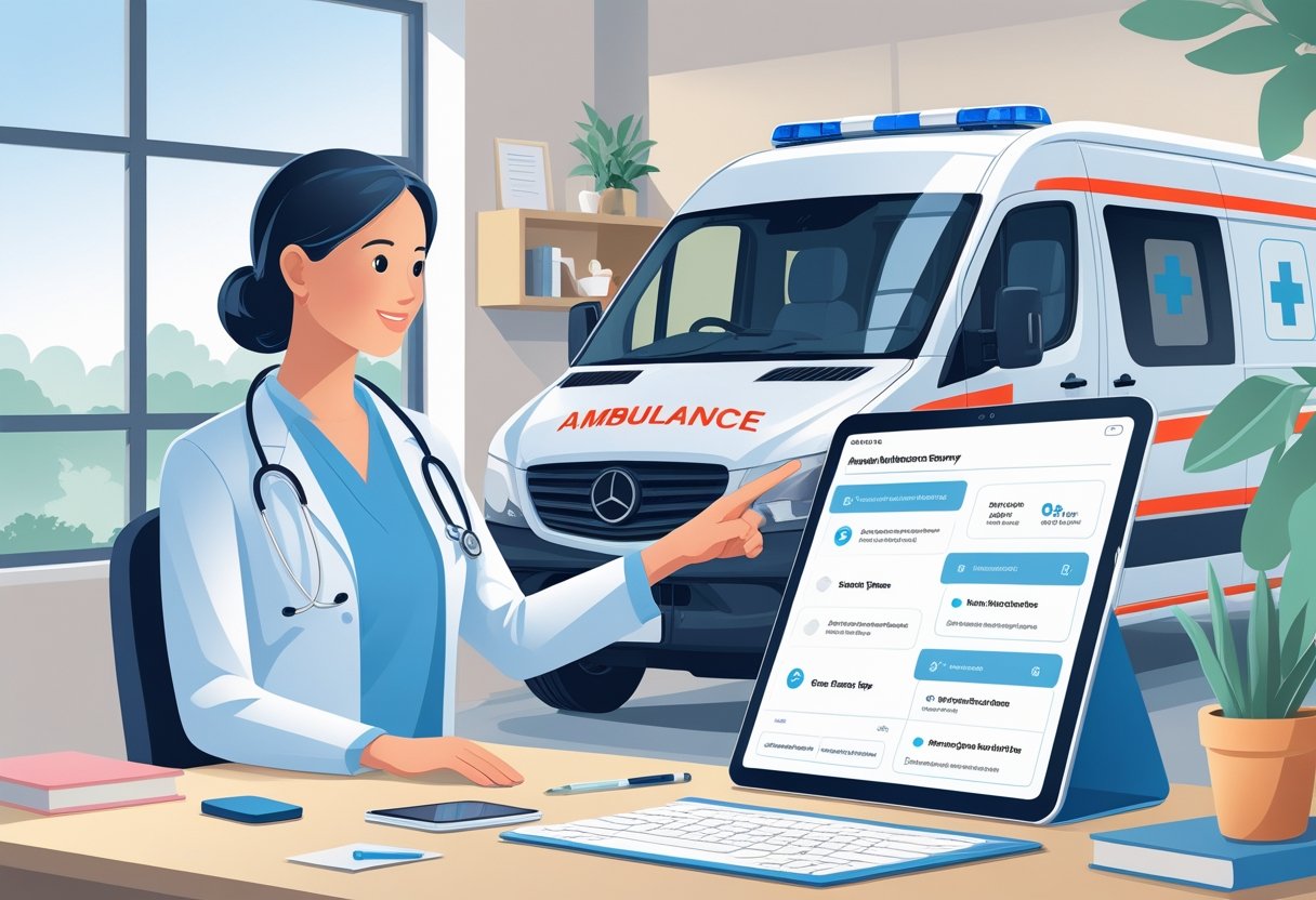 Profissional de saúde conversando com uma família em um escritório, mostrando opções de serviços de ambulância particular em um tablet, com uma ambulância privada visível ao fundo.
