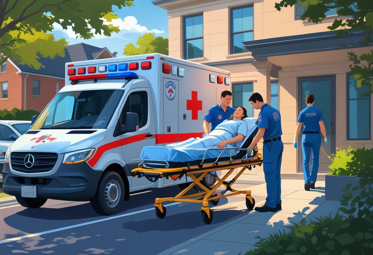 Uma ambulância particular estacionada em frente a um prédio residencial, com paramédicos ajudando um paciente em uma maca para transporte.
