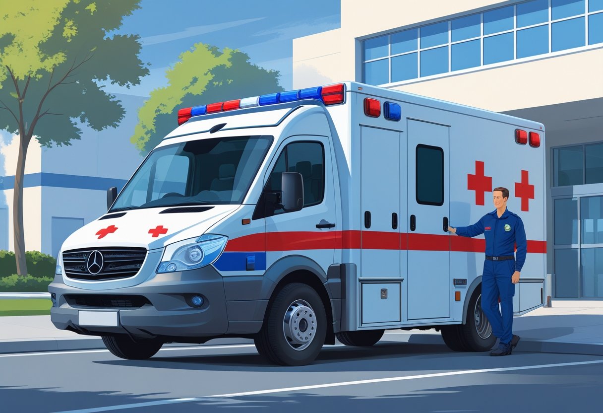 Uma ambulância particular branca com luzes de emergência estacionada perto da entrada de um hospital, com um paramédico ao lado pronto para ajudar.